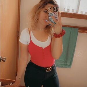 Garage Red Button Down Cami Bodysuit